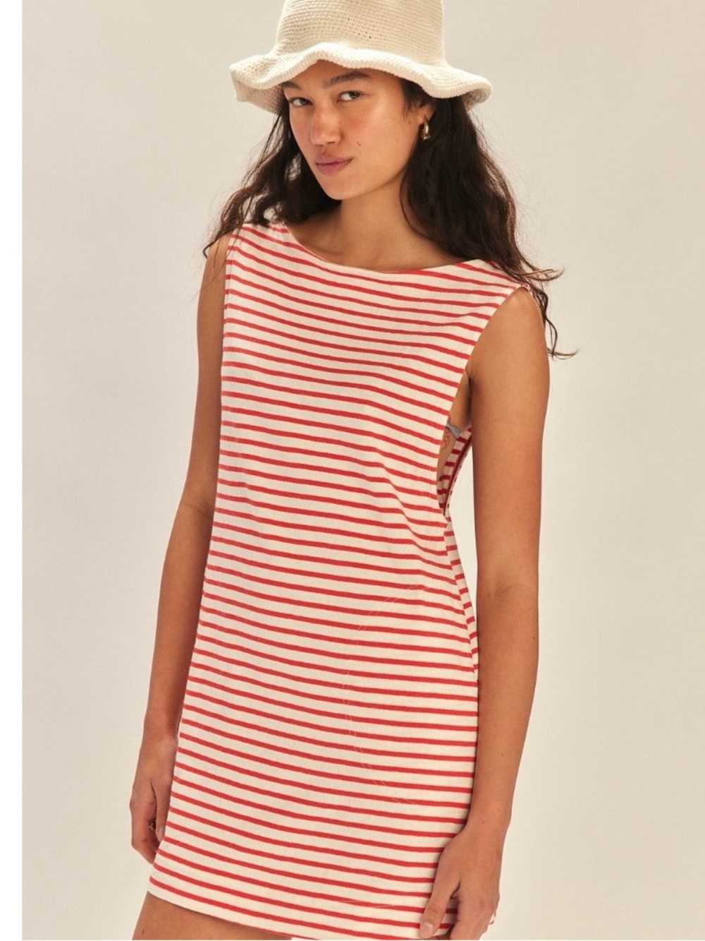 Free People Cream and Red Striped Sleeveless Shift Mini Dress